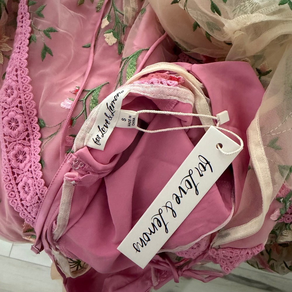 For Love & Lemons Luna Sheer Floral Embroidered Maxi Dress Pink Small NWT Boho - Picture 6 of 7